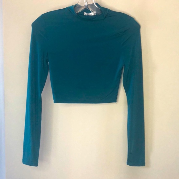 REVAMPED TEAL CROPTOP SHINY LONG SLEEVES - Picture 1 of 3